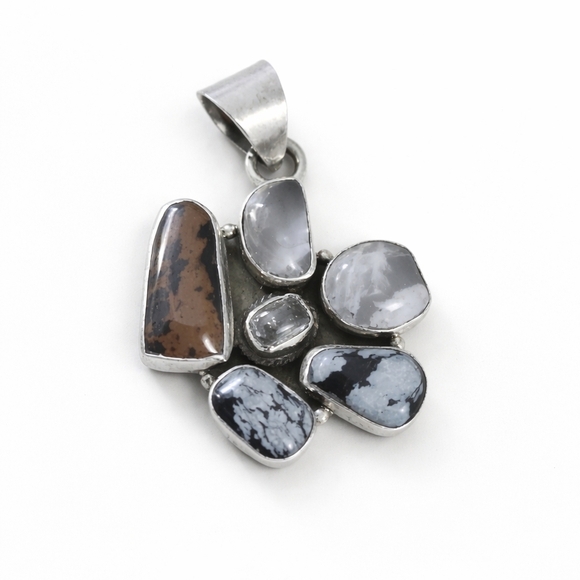 Vintage Jewelry - Sterling Silver Multi Stone Pendant Snowflake Obsidian Dendritic Agate Quartz